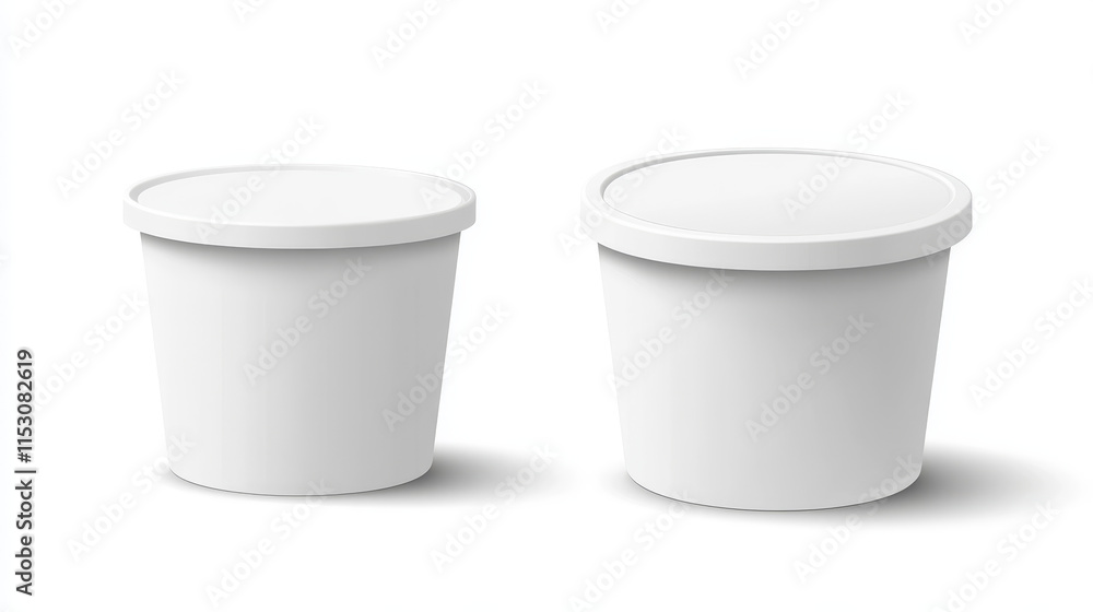 Ice cream package, white plastic container. 3d mockup of blank bucket with lid for yogurt, dairy products, butter or gelato. Round food jar with cap in front and angle view, vector realistic set Ice cream package, white plastic container. 3d mockup of blank bucket with lid for yogurt, dairy products, butter or gelato. Round food jar with cap in front and angle view, vector realistic set