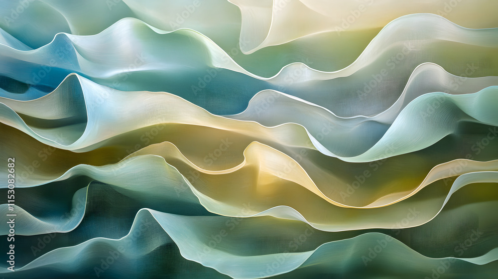 Obraz premium Abstract waves of translucent, glass like forms in soft blue, green, and yellow hues create serene and flowing composition, evoking sense of calm and fluidity