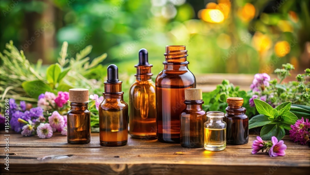 Aromatic essential oil bottles on a wooden table, natural remedies, essential oils Aromatic essential oil bottles on a wooden table, natural remedies, essential oils
