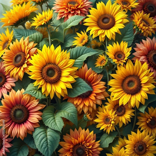 Vibrant sunflower pattern, seamless repeat.