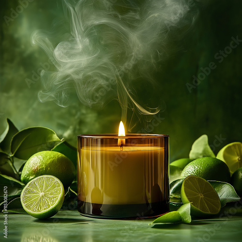 A luxury candle in an amber jar with smoke rising from the top, surrounded by lime leaves and a few whole limes on a green background. The studio lighting is soft yet dramatic, hig photo