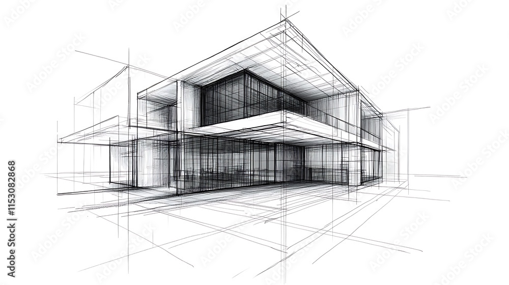 Modern House Architectural Sketch: Precisely Drawn Perspective Illustration. AI Generated Modern House Architectural Sketch: Precisely Drawn Perspective Illustration. AI Generated