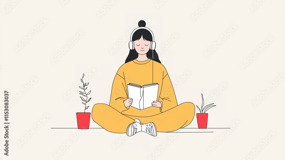 Obraz premium Woman reading a book with headphones and plants in a minimal design with a light background