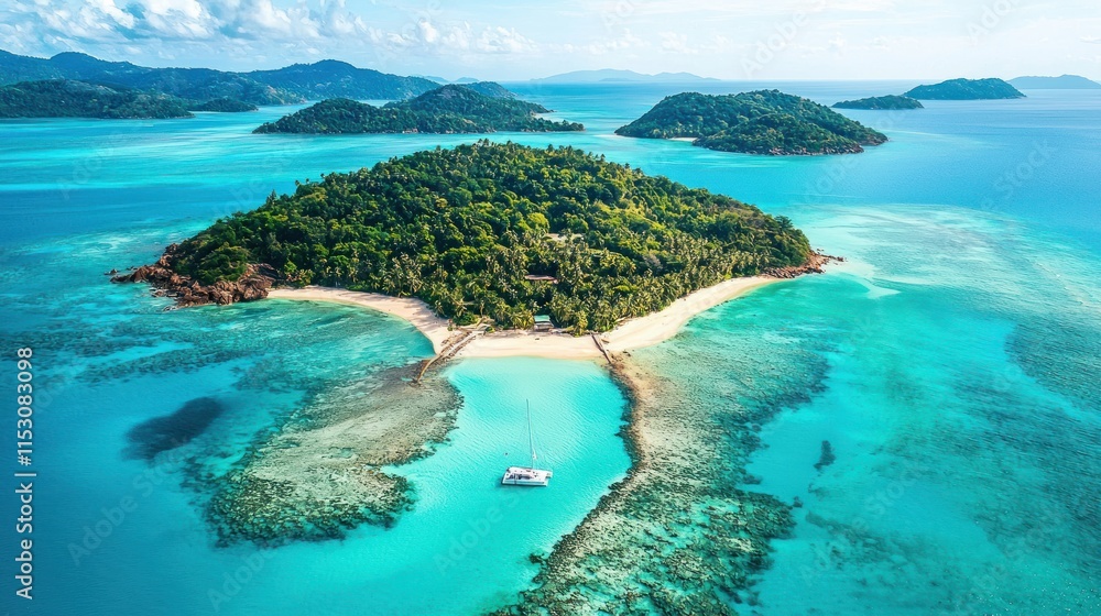 Tropical Island Paradise with Boat and Turquoise Waters Tropical Island Paradise with Boat and Turquoise Waters