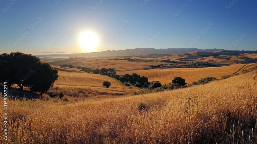 Fototapeta premium A serene landscape at sunset with rolling hills and golden fields.