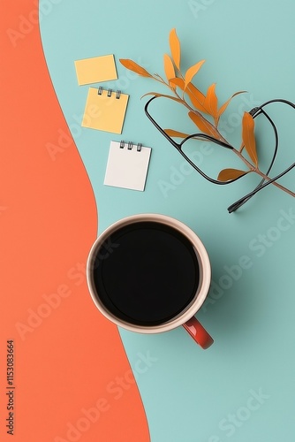 Minimalist flat lay with a coffee cup and eyeglasses on a color block background