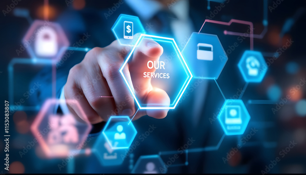 Modern Business Services Interface with Futuristic Design, Interactive Digital Display for Financial and Business Solutions Modern Business Services Interface with Futuristic Design, Interactive Digital Display for Financial and Business Solutions