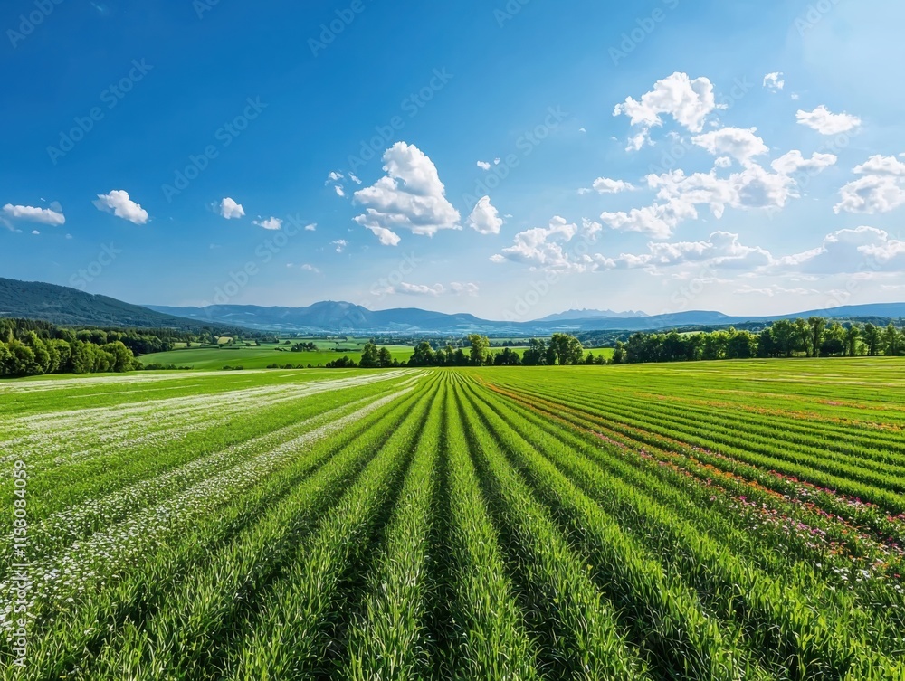 Summer flower meadow blooms scenic flat landscape panoramic view colorful blossoms under clear blue sky Summer flower meadow blooms scenic flat landscape panoramic view colorful blossoms under clear blue sky