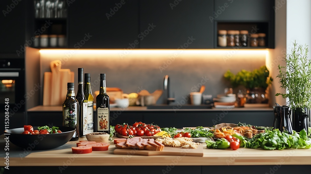 Deliciously Arranged Food & Wine Photo: Wide Shot in Modern Kitchen. AI Generated Deliciously Arranged Food & Wine Photo: Wide Shot in Modern Kitchen. AI Generated