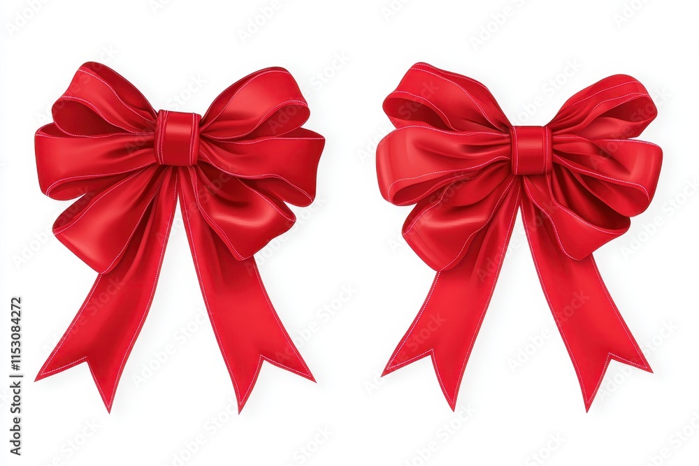 Fototapeta premium Two realistic red satin ribbon bows isolated on white background.