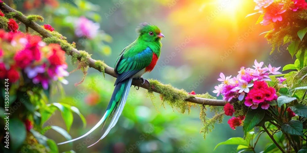 A majestic quetzal bird perched on a branch, its vibrant green feathers glistening in the sunlight, surrounded by lush foliage and colorful flowers , nature, Aztec mythology A majestic quetzal bird perched on a branch, its vibrant green feathers glistening in the sunlight, surrounded by lush foliage and colorful flowers , nature, Aztec mythology