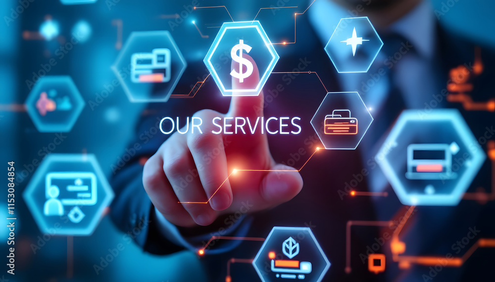 Modern Business Services Interface with Futuristic Design, Interactive Digital Display for Financial and Business Solutions Modern Business Services Interface with Futuristic Design, Interactive Digital Display for Financial and Business Solutions