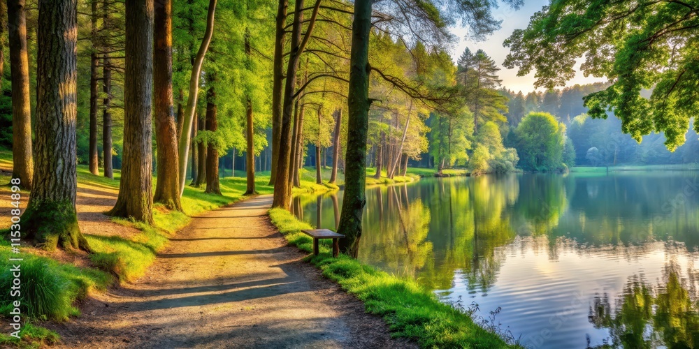 A serene lakeside path lined with tall trees and surrounded by a tranquil lake, inviting reflection and solitude, tranquility A serene lakeside path lined with tall trees and surrounded by a tranquil lake, inviting reflection and solitude, tranquility