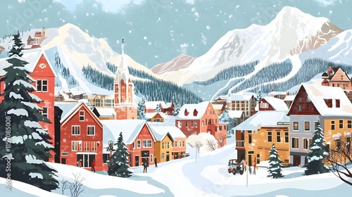Snowy Mountain Village Winter Scene Charming Houses