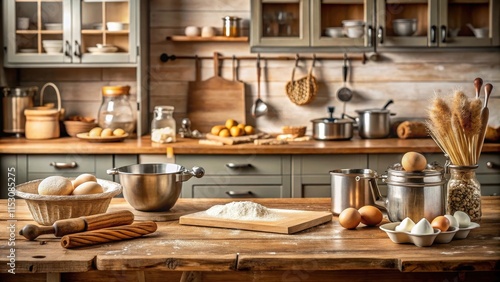 Wallpaper Mural Old fashioned pastry baking equipment and traditional French patisserie ingredients on a wooden workbench , kitchen Torontodigital.ca