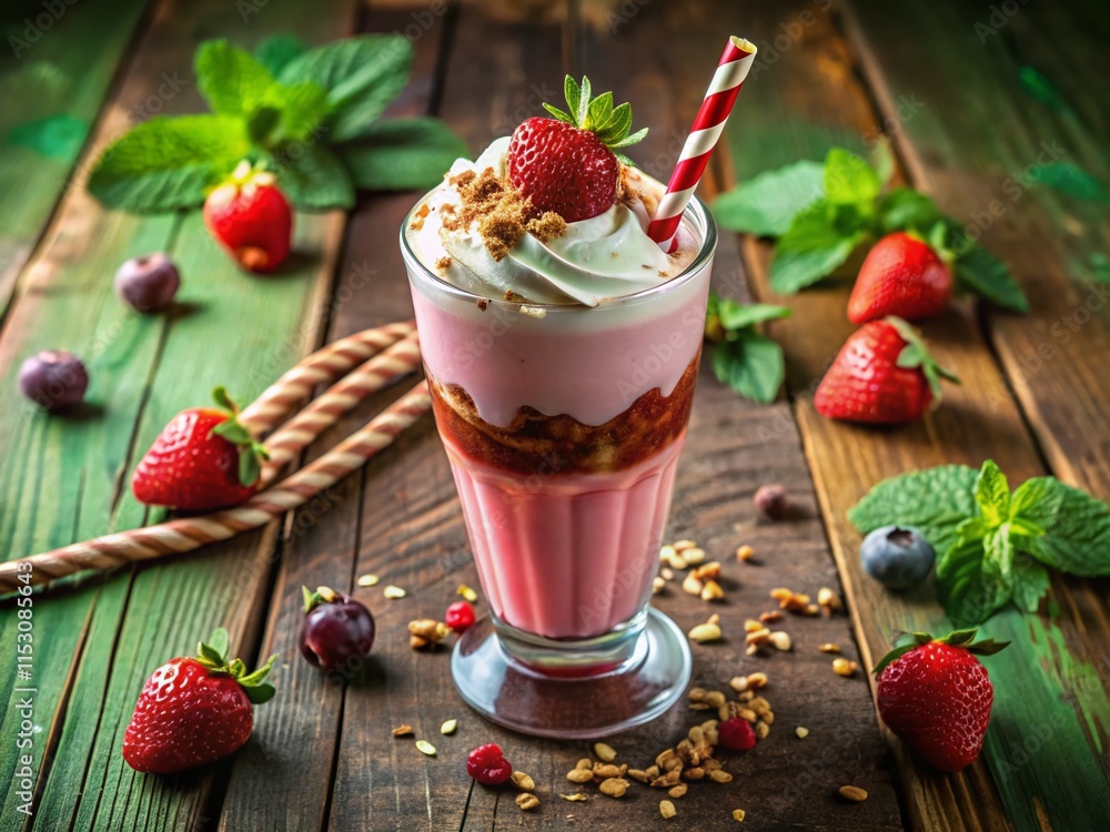 Delicious Strawberry Milkshake on Rustic Wood Board - Summer Drink Photography Delicious Strawberry Milkshake on Rustic Wood Board - Summer Drink Photography