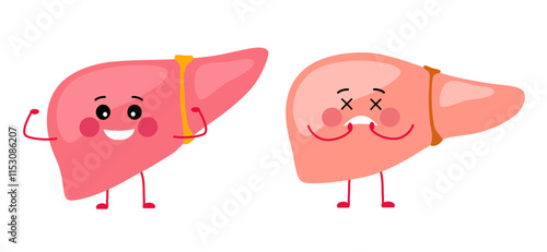 Comparison of healthy and diseased liver funny cartoon characters in flat design on white background.