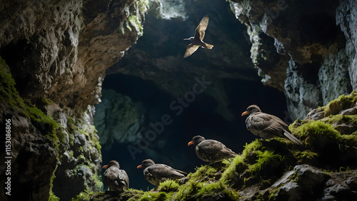 An oilbird perched on a tree branch deep within a dimly lit tropical rainforest, its mottled brown feathers blending into the surroundings, with shafts of moonlight filtering through the dense canopy, photo