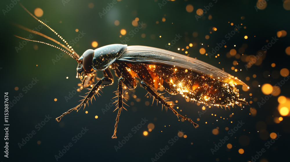 Naklejka premium Hologram cockroach. Holographic projection of a cockroach. Flickering energy flux of particles. Scientific insect design.