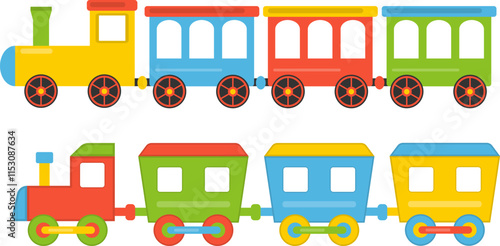 Toy children's train, children's train with cartoon carriages isolated on white background. Vector, cartoon illustration. Vector.
