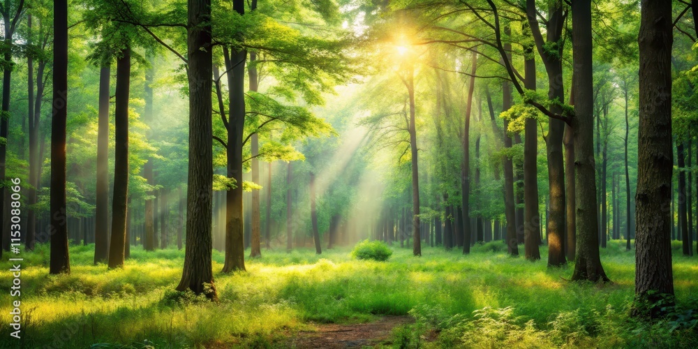 Obraz premium Serene forest atmosphere with soft focus on natural elements, trees, foliage, trees, foliage, stillness, peaceful