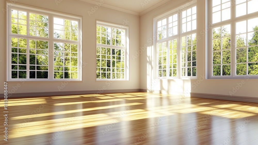Fototapeta premium Spacious Modern Interior with Sunlight and Window Shadows on Walls and Polished Floor