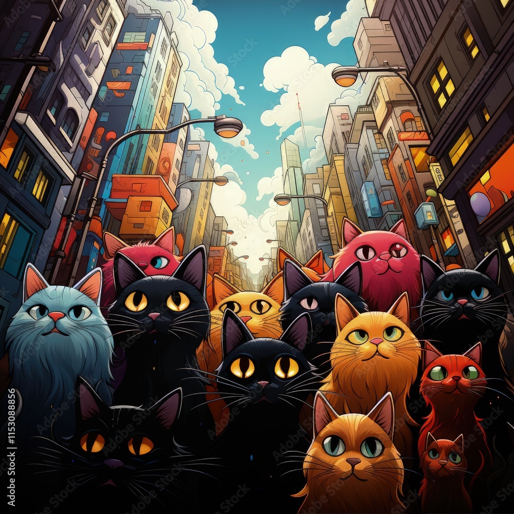 Obraz premium Whimsical Hand-Drawn Cat Parade Comic Illustration