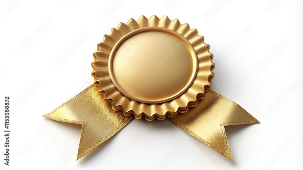 High-quality gold badge with a satin ribbon tied around it, laying on a soft, white background, ribbon High-quality gold badge with a satin ribbon tied around it, laying on a soft, white background, ribbon
