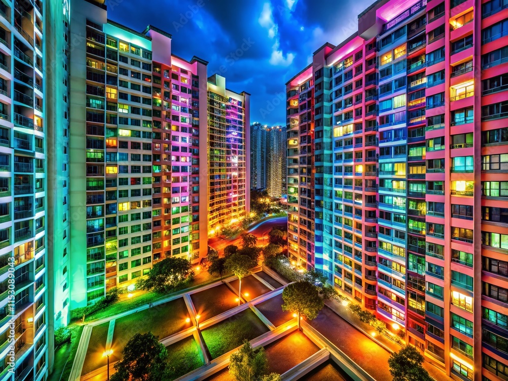Obraz premium Distorted Night View of Singapore HDB Flats, Surreal Cityscape, Urban Photography
