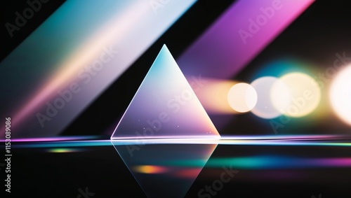 Prism light reflections on black background. Blurred geometric shapes, soft gradients, ethereal visual overlay effect. Glowing colorful lights and bokeh lens flare, refraction of sunlight prism effect