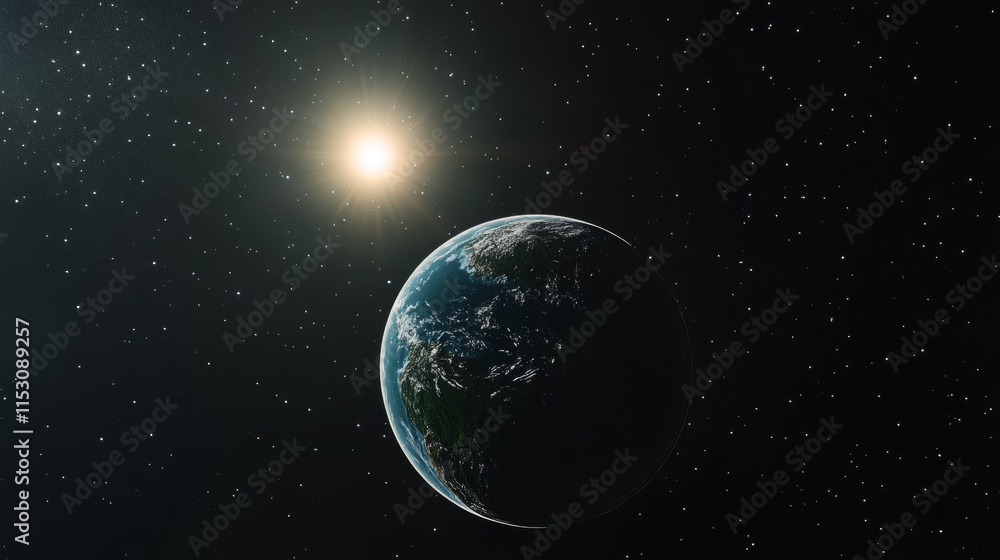 Obraz premium Earth in space with stars and huge glowing sun on defocused background. Blue planet covered with continents and oceans in far Universe, round astronomical object in cosmos, Cartoon vector illustration