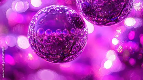 Close-up of luminous purple sphere shapes resembling cells or abstract orbs against a vibrant pink light blur.
