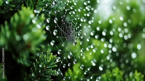 Delicate spider web glistening with morning dew drops among the needles of a vibrant green evergreen plant, perfect for nature themes.