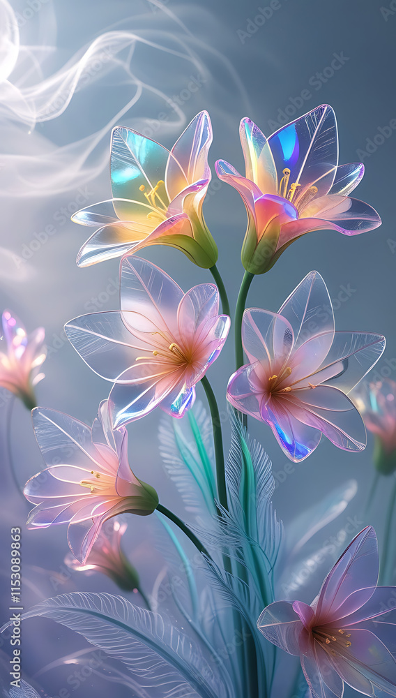 Fototapeta premium A beautiful spectrum of Alstroemerias flowers with delicate, translucent petals illuminated by soft light. Created with generative AI