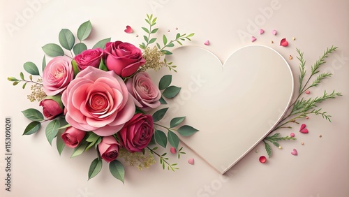 A delicate pink heart-shaped invitation card with a red rose bouquet and a sprig of greenery on a neutral background, stationery, invitation