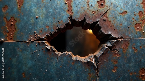 A hole blasted through aged metallic surface, showing rusted edges and cracked texture