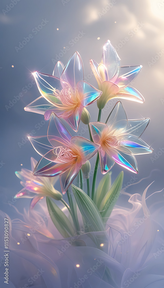 Fototapeta premium A beautiful spectrum of Alstroemerias flowers with delicate, translucent petals illuminated by soft light. Created with generative AI