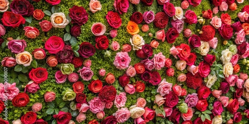 A stunning floral wall background featuring an abundance of vibrant roses in various shades of pink and red, set against a lush green backdrop , nature, beauty