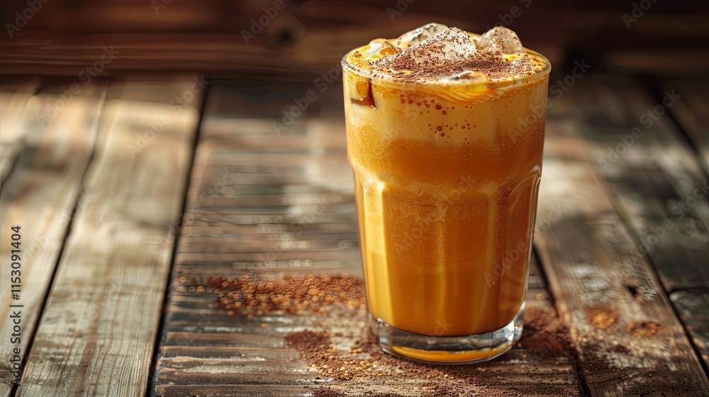 Iced Caramel Macchiato with Ice and Cinnamon Dust on Rustic Wood Iced Caramel Macchiato with Ice and Cinnamon Dust on Rustic Wood