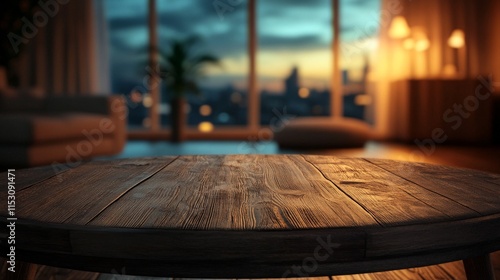 Empty wooden table and blurred background of living room at night city.  Mock up for design	