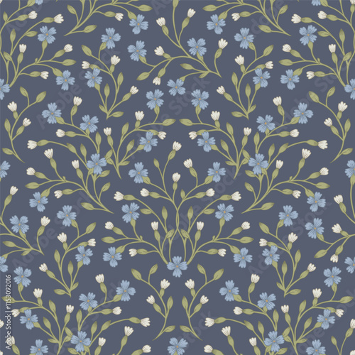 Seamless flower pattern. Hand drawn small blue flowers.