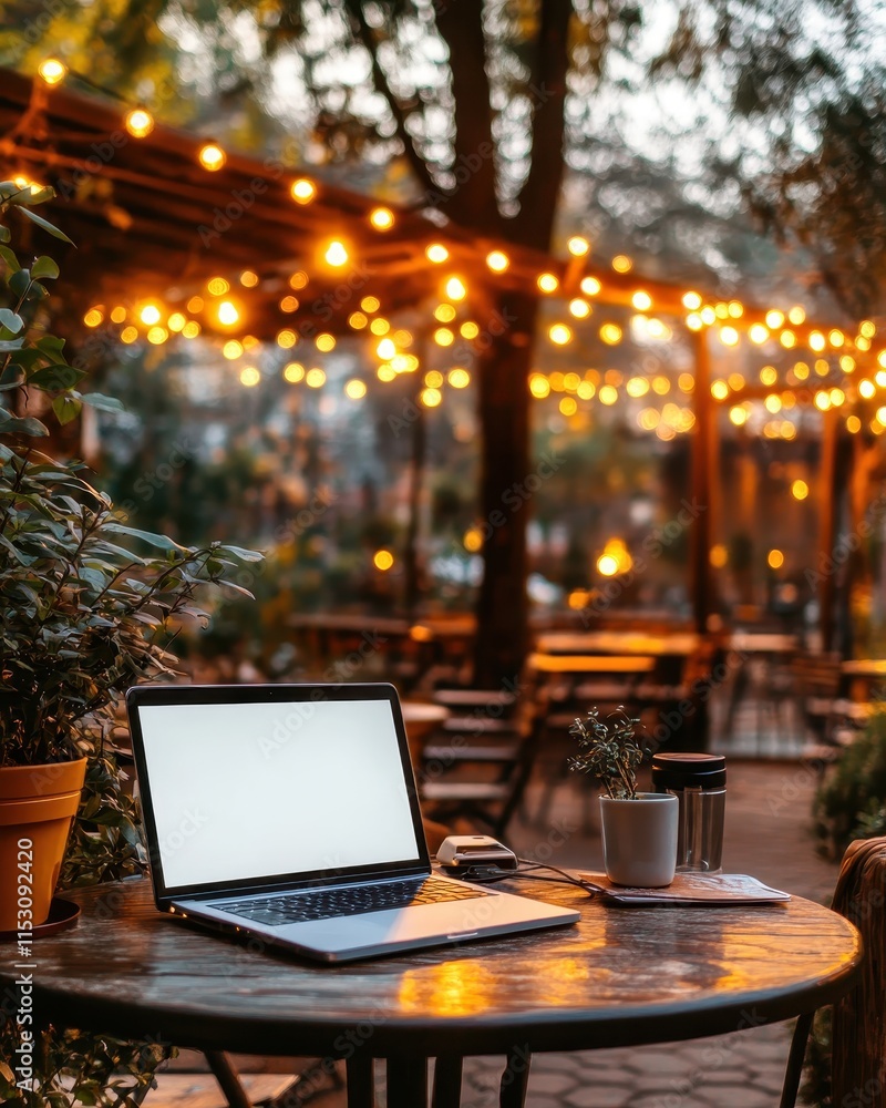 Evening Ambiance: Laptop on Wooden Table at Outdoor Cafe with String Lights
