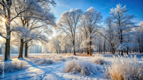 Wallpaper Mural Snow-covered forest landscape with bare trees and frosty grass, cold, snow,  cold Torontodigital.ca