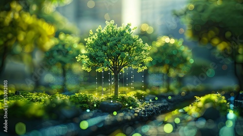 Illuminated Miniature Tree in Mossy Landscape, Digital Art