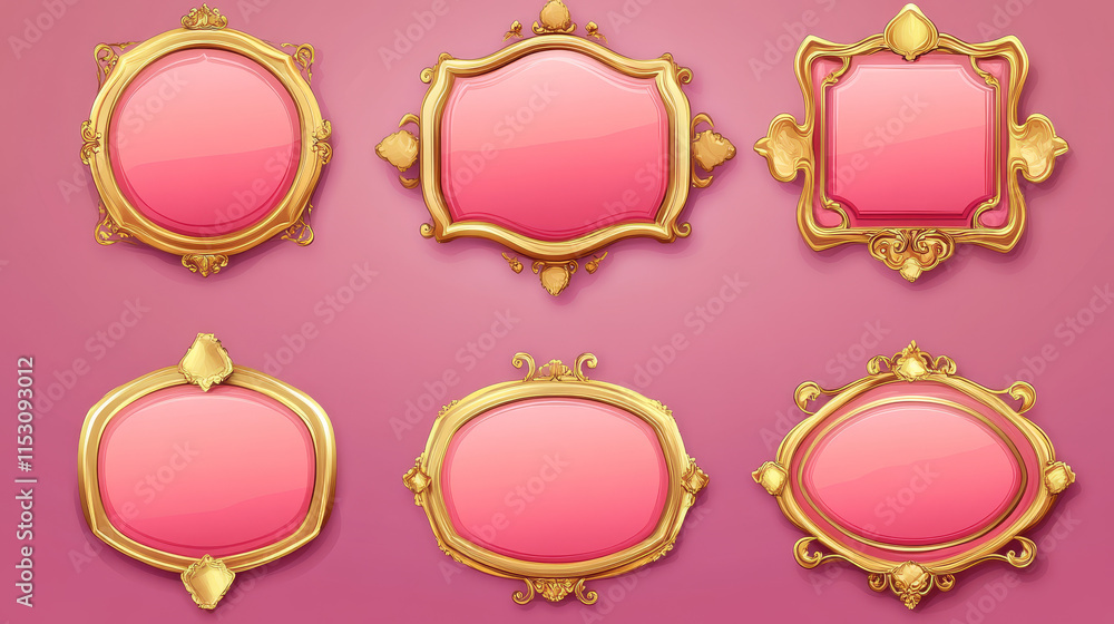 Fantasy game buttons with gold frames different shapes. Vector user interface elements for rpg game. Cartoon set of empty pink banners with golden borders isolated on background Fantasy game buttons with gold frames different shapes. Vector user interface elements for rpg game. Cartoon set of empty pink banners with golden borders isolated on background