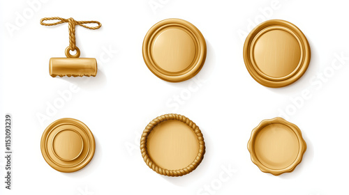 Gold wax seals with rope for letter, guarantee or certificate. Vector realistic set of blank round wax stamps with cord, golden label for lock envelope with confidential mail or press quality sign
