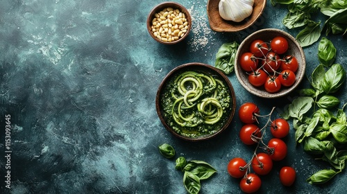 Zoodles with Pesto Tomatoes Basil and Pine Nuts