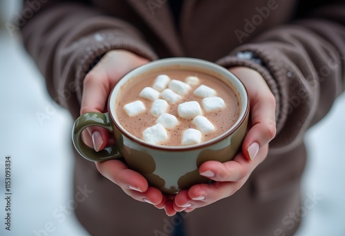 Woman holding cup of hot drink with marshmallows indoors, closeup. Magic Christmas atmosphere
 photo