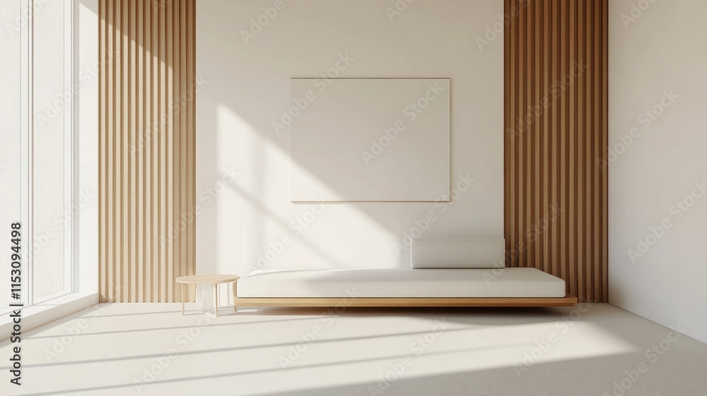Fototapeta premium Minimalist room with platform bed, wood accents, and blank canvas.