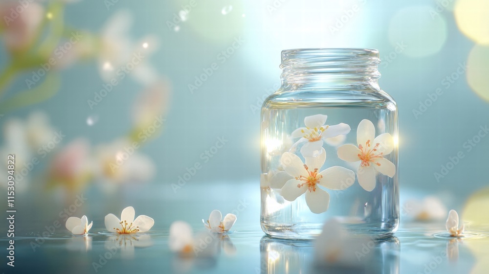 Delicate Flower Petals Floating in a Glass Jar on a Reflective Surface Delicate Flower Petals Floating in a Glass Jar on a Reflective Surface